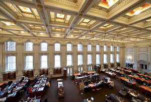 A favorite place for University of Wisconsin-Madison students to study, the Wisconsin Historical Society library reading room is pictured on April 12, 2010, following an extensive $2.1 million renovation. During the past year, the library space was restored to much of its 1900s-era grandeur -- including re-gilded ornate ceiling details and use of period-style light fixtures -- and updated to meet contemporary electrical and communications needs. The University of Wisconsin contributed $230,000 to help furnish the room once construction was finished. ©UW-Madison University Communications 608/262-0067 Photo by: Jeff Miller Date:  04/10    File#:  NIKON D3 digital frame 59