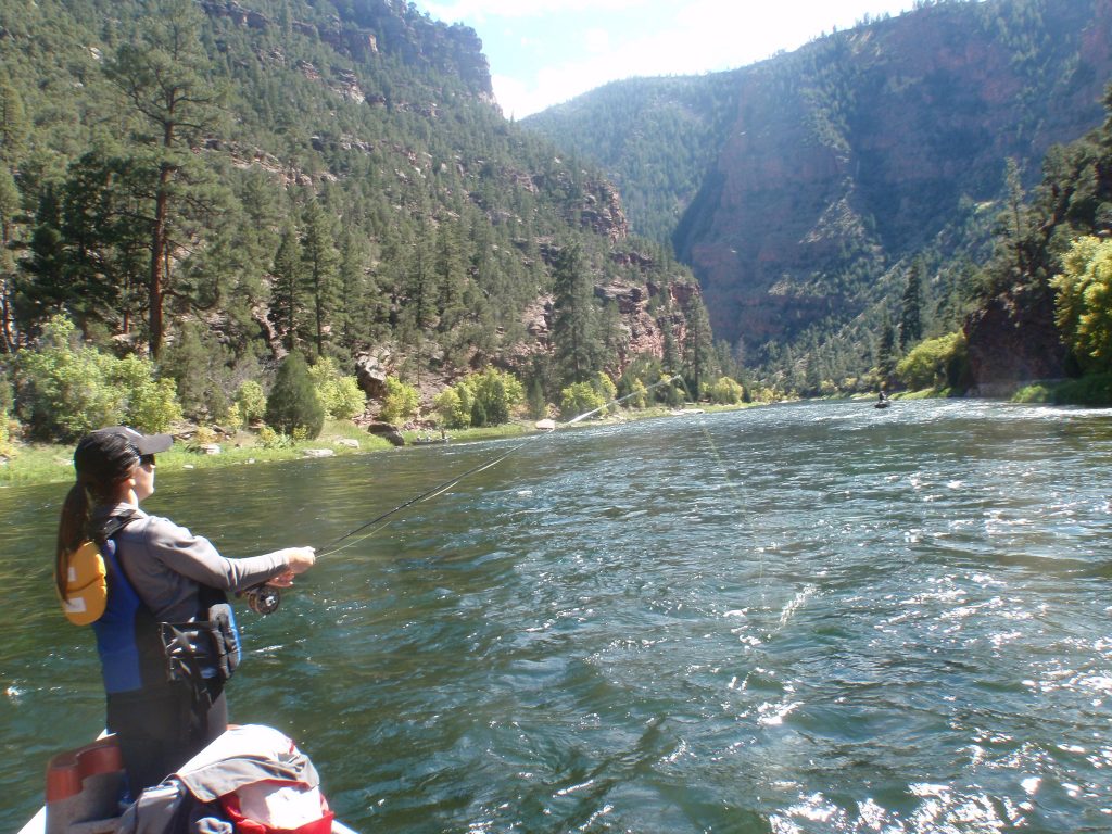 A teen girl fly fishing on a river within a gorge.